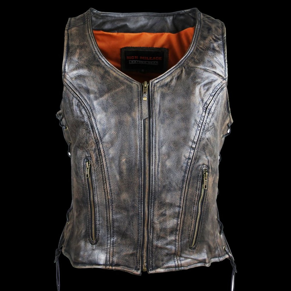 Ladies Distressed Leather Brown Vest "High Mileage" with Side Laces